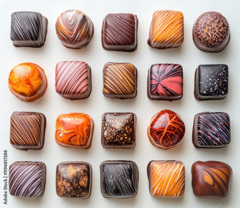 Poster assorted artisan chocolates display in a craftsman arrangement featuring unique swirls and patterns 