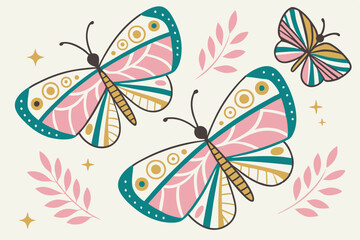 Colorful butterfly illustrations, geometric patterns, vibrant wings, gold accents, stylized insects, pastel color palette, modern graphic design, minimalist composition, symmetrical shapes, nature-ins