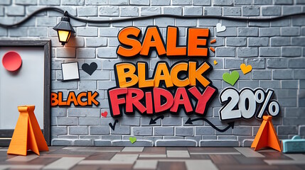 Naklejka premium Bright graffiti style Black Friday text on street wall background , Big sale offer, retail promotions, discount events and social media marketing 
