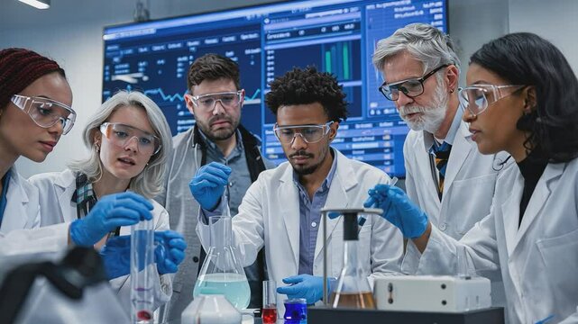 A diverse team of scientists collaborates on an experiment in a modern laboratory, examining samples and data on large screens.  The image conveys focus, innovation.