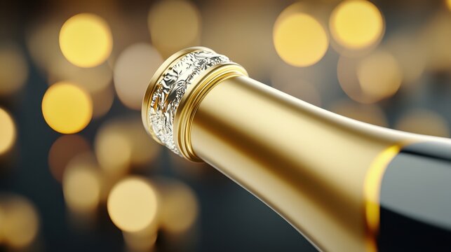 A close-up of a champagne bottle neck glistening against a backdrop of soft, golden bokeh lights, evoking celebration and luxury.