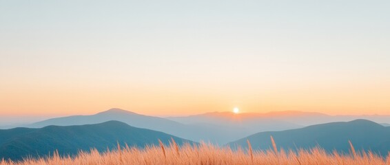 Fototapeta premium Serene Mountain Sunrise Over Golden Grasses