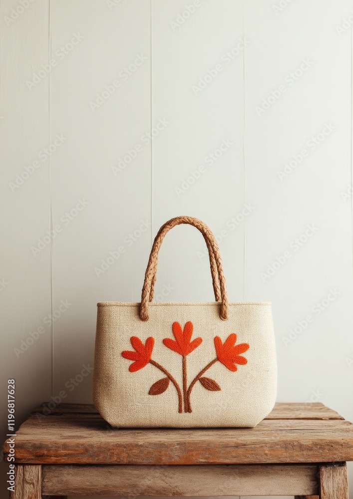 Poster rustic boho chic handbag with ethnic patterns on wooden table in natural light