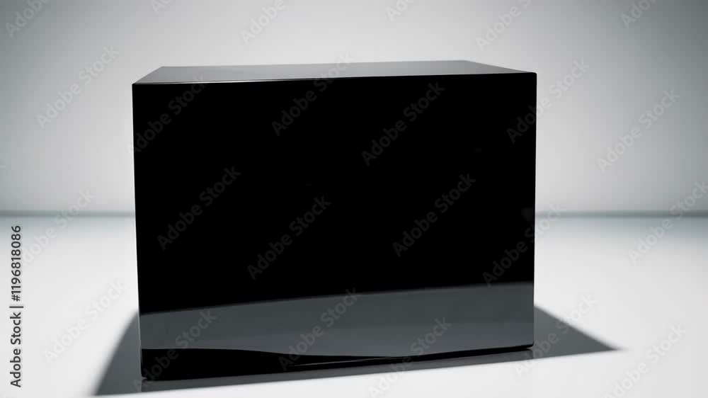 Poster modern black box with sharp edges rotating on a neutral background, perfect for showcasing packaging