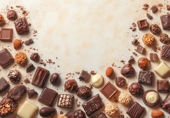 Assorted Chocolate Candy Composition with Various Shapes and Textures on a Light Background for Sweet Treats and Dessert Concepts