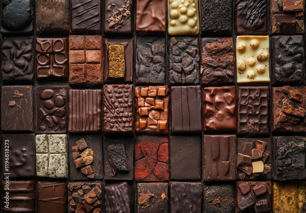 Poster assorted chocolate collection with various textures and flavors displayed in a grid pattern ideal fo