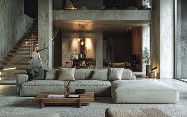 Fototapeta premium Spacious Scandinavian living room with a large light grey sectional sofa and light wood accents