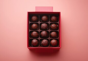Assorted Chocolate Confections in Red Box on Pink Background - Delicious Treats for Gifting and Celebrations, Perfect for Special Occasions and Sweet Tooth Cravings