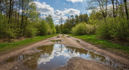 Serene spring forest path with puddles reflecting blue sky and clouds