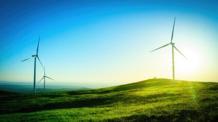 Fototapeta premium Wind turbine on a green hill with swirling light trails symbolizes the dynamic and sustainable power of renewable energy sources