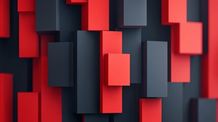 Modern abstract composition with red black and gray 3D blocks arranged in a geometric pattern symbolizing structure design and creativity in a bold digital artwork