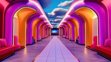 Vibrant Futuristic Hallway with Neon Lights and Colorful Walls