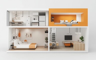 A floor plan of a compact urban studio with smart space utilization, featuring modular furniture that adapts to different needs. 