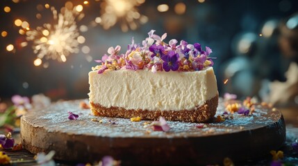 Cheesecake Delight A Slice of Cheesecake with Edible Flowers and Powdered Sugar on a Rustic Wooden Surface and Cinematic Background Fireworks