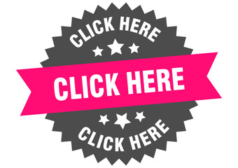 click here. click here round pink label isolated on transparent background