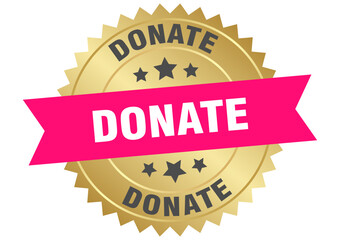 donate. donate round pink and gold label isolated on transparent background
