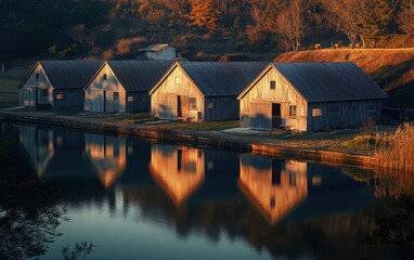 Fototapeta premium A peaceful bird's-eye view of a row of barnhouses beside a lake, with the soft golden hues of evening light illuminating the rustic structures. 
