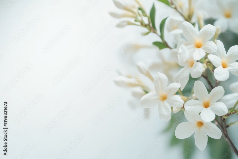 Aufkleber delicate white flowers close up with empty space for text and design elements in soft natural light.