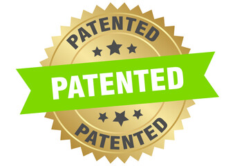 patented. patented round green and gold label isolated on transparent background