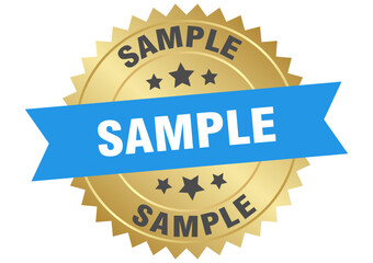 sample. sample round blue and gold label isolated on transparent background