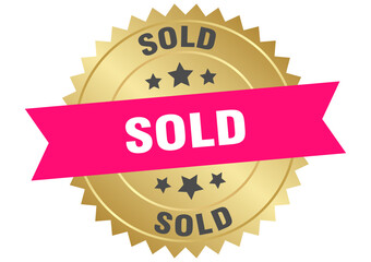 sold. sold round pink and gold label isolated on transparent background