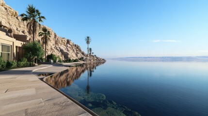 Serene desert oasis reflecting in calm water