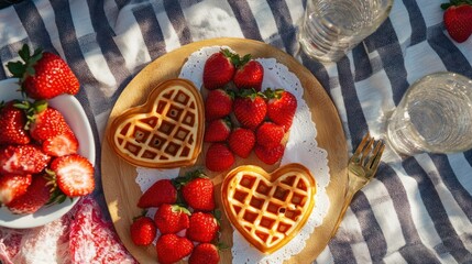 Delicious breakfast with heart shaped waffles and strawberries on the picnic table ready to eat
