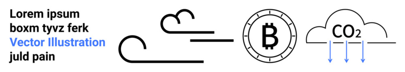 Wind icon, cryptocurrency coin with B, cloud labeled CO2, and text. Ideal for environmental impact, cryptocurrency, emissions, finance, technology, pollution, digital currency. Landing page