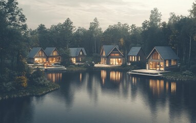 Obraz premium A serene concept art of barnhouse-inspired homes arranged near a peaceful lake, seen from above.