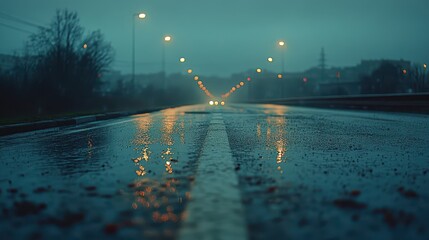 As the rain falls gently, the nighttime road glimmers under the soft glow of streetlights, their reflections dancing on the wet pavement beneath a brooding, moody sky