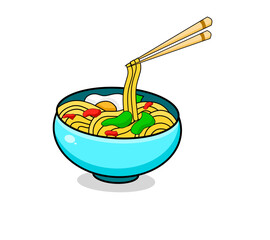 illustration vector graphic of cartoon bowl of noodles with egg and vegetables and chopsticks suitable for breakfast design