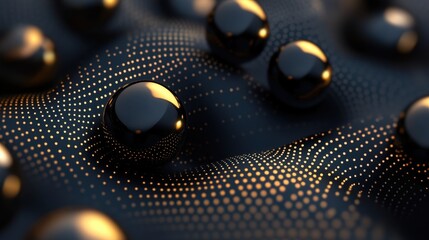 Abstract 3D Render: Golden Dots and Reflective Black Spheres on a Dark Surface