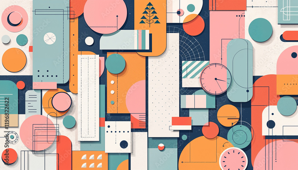 Poster vibrant geometric patterns with circles, rectangles, and lines in a colorful abstract composition