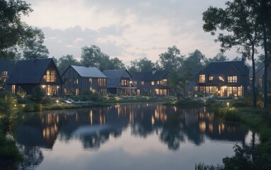 Obraz premium A top-down view concept of a row of barnhouse-style homes by a quiet lake, with the water mirroring the subtle gray tones of the evening sky. 