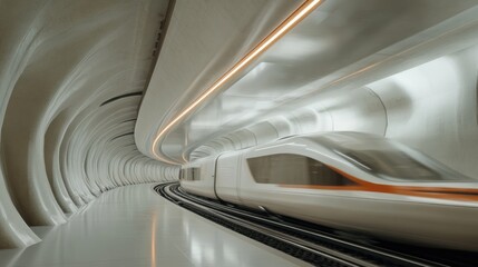 Fototapeta premium An ultra-realistic futuristic metro tunnel features soft neon lights illuminating the smooth walls as a sleek hovering train races through the space