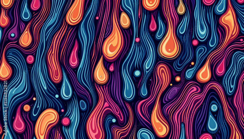 Poster colorful abstract wavy patterns creating a vibrant visual experience with swirling drops of orange a