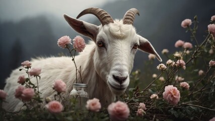 Fototapeta premium A goat surrounded by pink roses in a serene landscape.