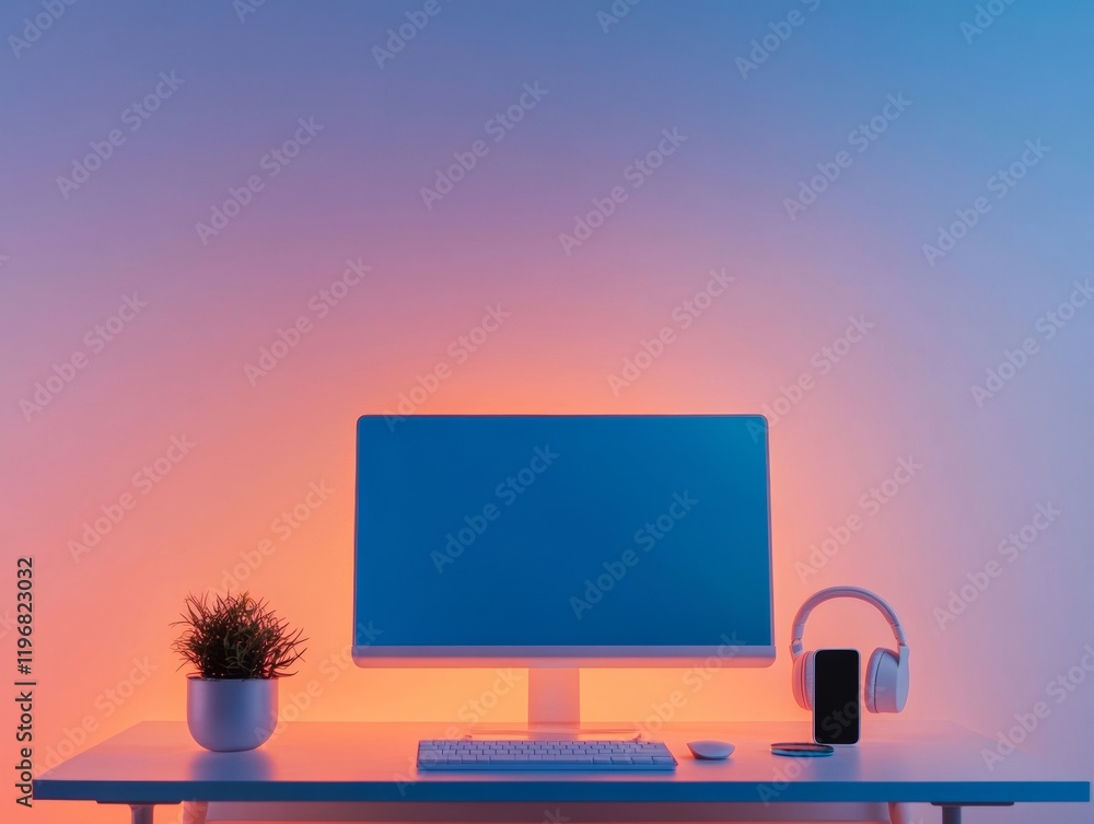 Poster minimalist workspace remote work and online learning technologies in a calm, evening setting