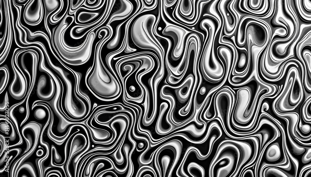 Poster swirling patterns of metallic textures create an abstract visual experience in shades of black and s