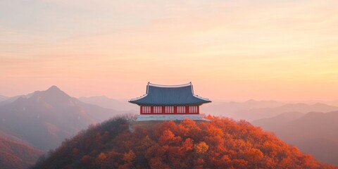 Fototapeta premium Temple, Temple on Autumn Hillside at Sunset, Ancient Architecture, Tranquil Setting with Golden Glow, Traditional Korean Heritage, Vibrant Foliage, Cultural Tourism, Spiritual Retreat