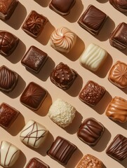 Assorted Gourmet Chocolate Delights Arranged in Aesthetic Pattern on Soft Background Showcasing Rich Textures and Tempting Designs for Sweet Tooth Lovers
