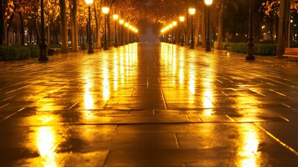 Glowing streetlights on rain soaked boulevard at night