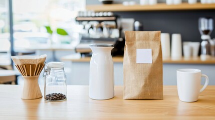 Modern Coffee Shop Setup Beans and Milk Preparation