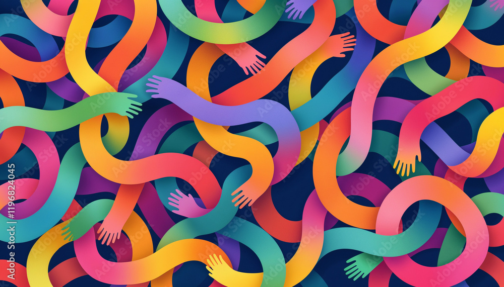 Poster colorful intertwined ribbons and hands create a vibrant abstract pattern on a dark background