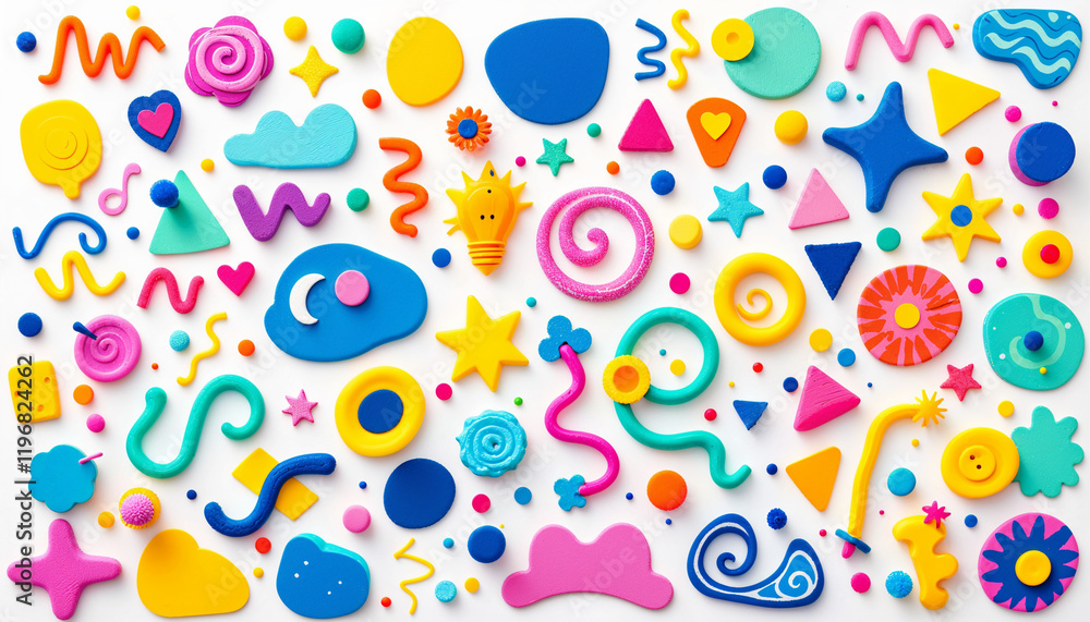 Poster colorful abstract shapes and patterns created from soft materials in a vibrant arrangement on a whit