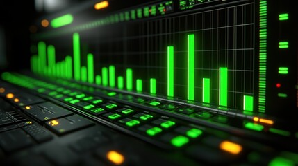 Futuristic Audio Mixer with Glowing Green Equalizer Display