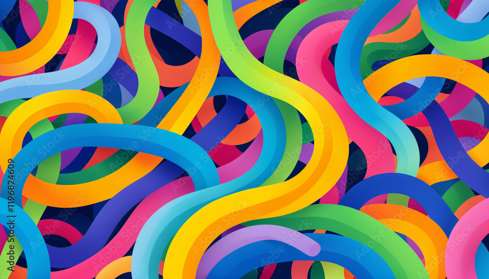 Poster colorful abstract design featuring wavy lines in various shades intertwining on a dark background
