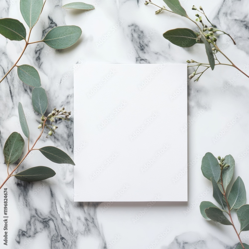 Poster elegant mockup space with blank card surrounded by greenery on marble surface for personal or busine
