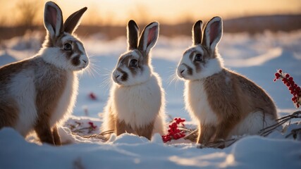 Fototapeta premium Three rabbits sitting in the snow during sunset, surrounded by red berries.