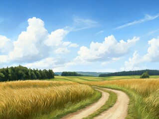 Fototapeta premium Peaceful countryside path winding through golden wheat fields under a bright blue sky with fluffy clouds evoking serenity and the tranquility of rural landscapes